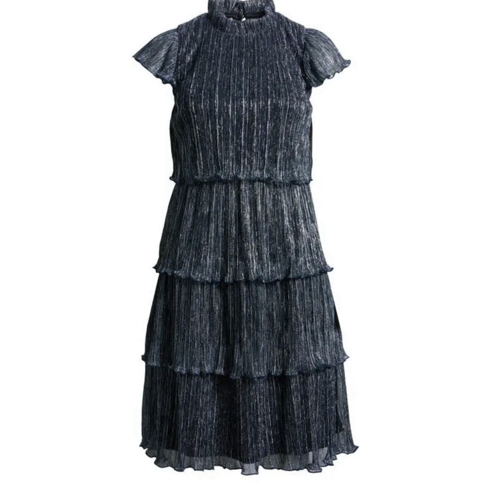 NWT Vince Camuto Metallic Tiered Crinkle Dress In Blue Shimmer / Size 4 - Picture 4 of 4